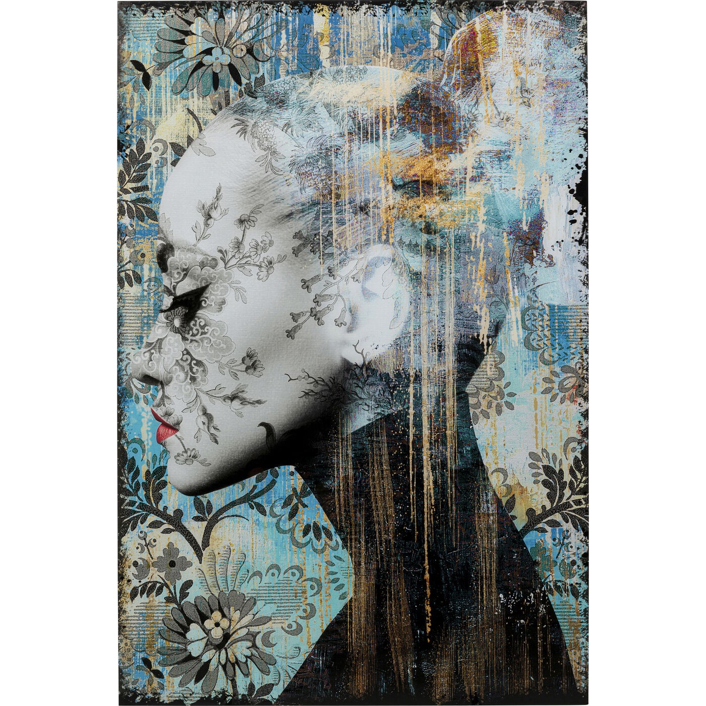 Kare Design Tableau en verre bleu femme profil fleurs 100x150cm