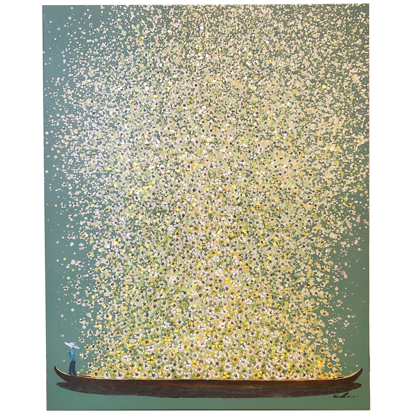 Kare Design Tableau Touched fleurs pirogue vert et jaune 80x100cm