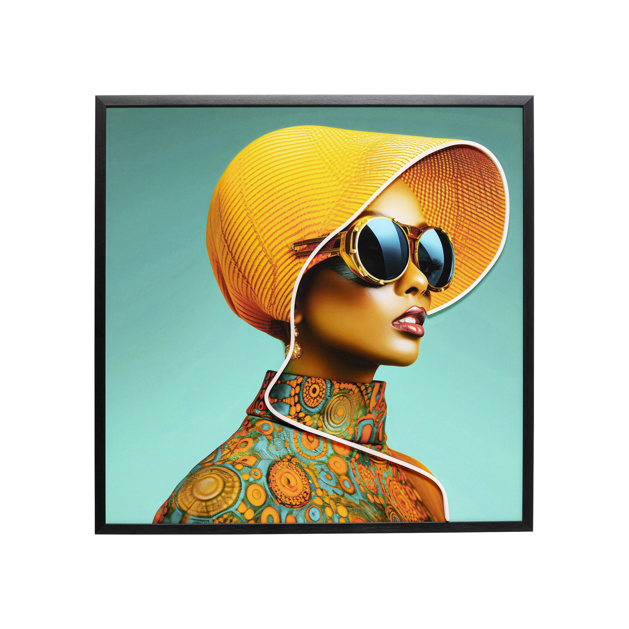 Tableau encadré Sun Hat Woman jaune LED 80x80cm