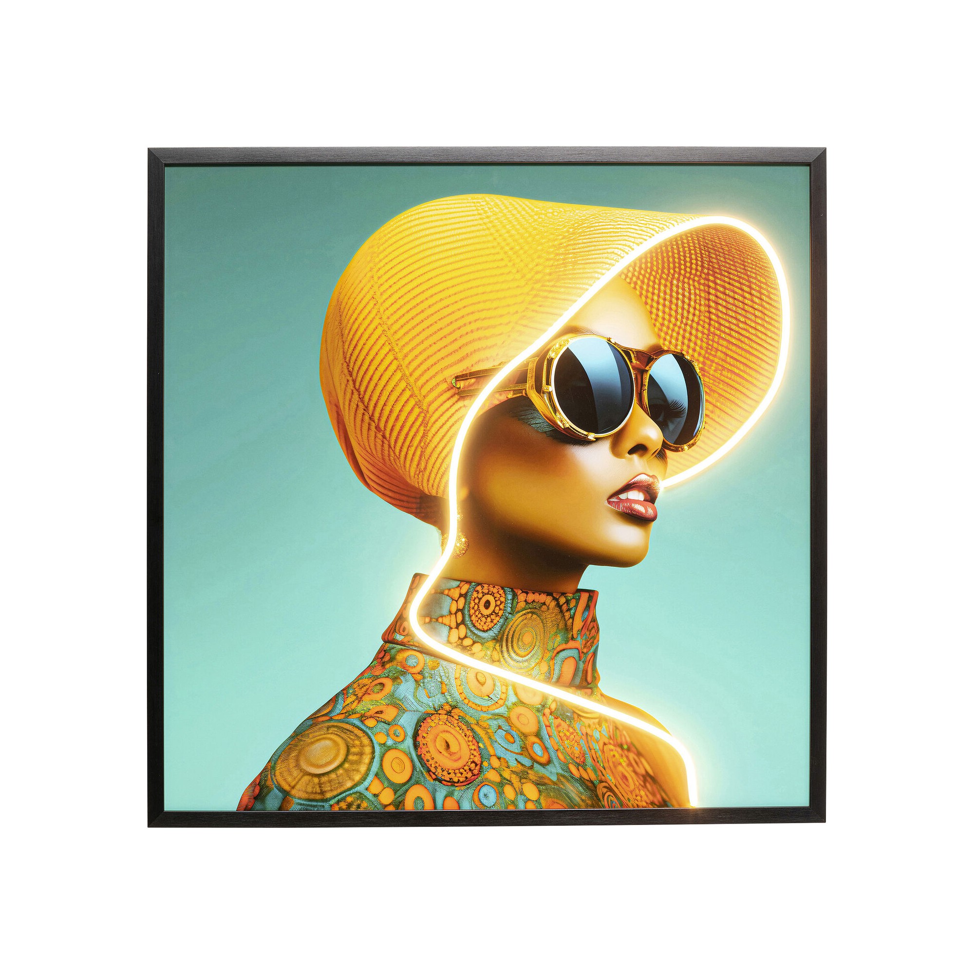 Tableau encadré Sun Hat Woman jaune LED 80x80cm