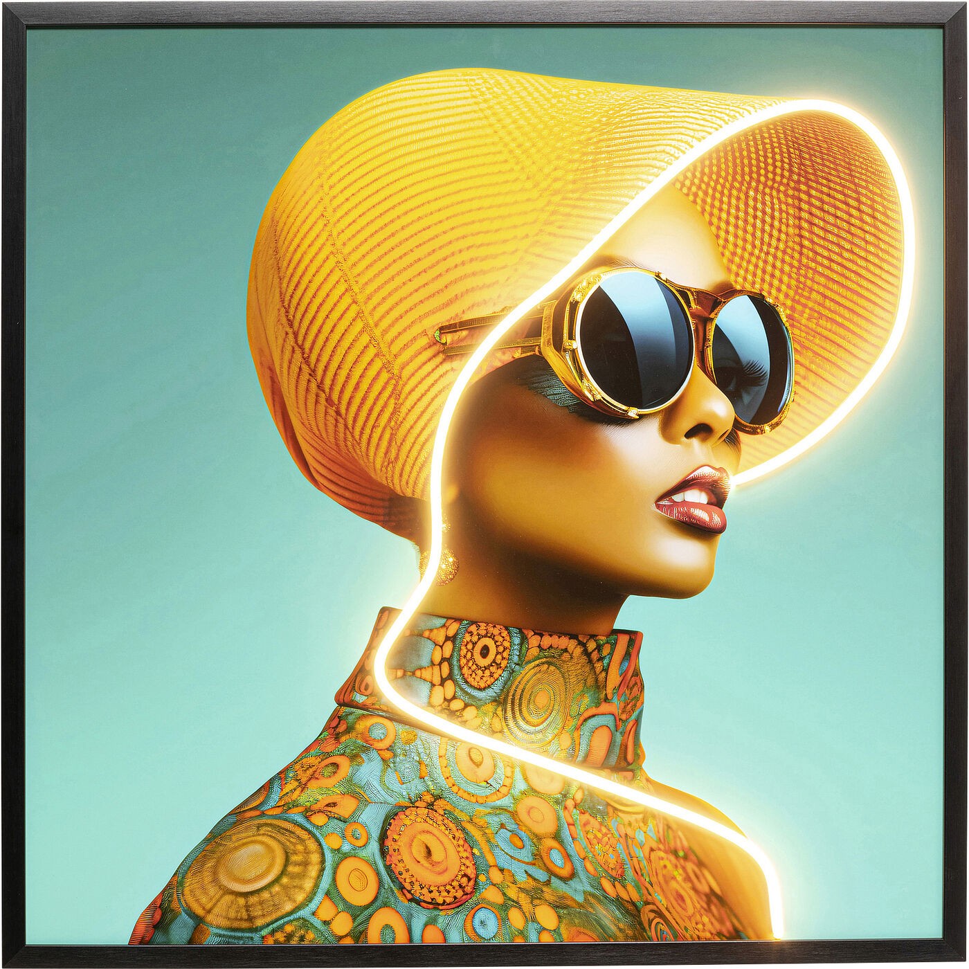 Kare Design Tableau LED femme chapeau jaune 80x80cm