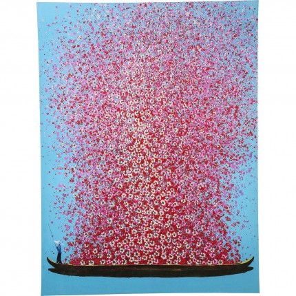 Tableau Touched fleurs pirogue 120x160cm bleu et rose Kare Design