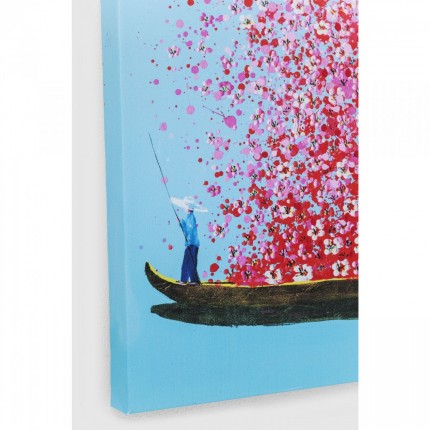 Tableau Touched fleurs pirogue 80x100cm bleu et rose Kare Design