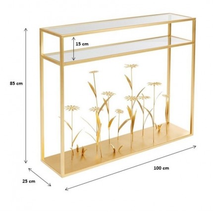 Console fleurs 3D 100x25cm dorées Kare Design